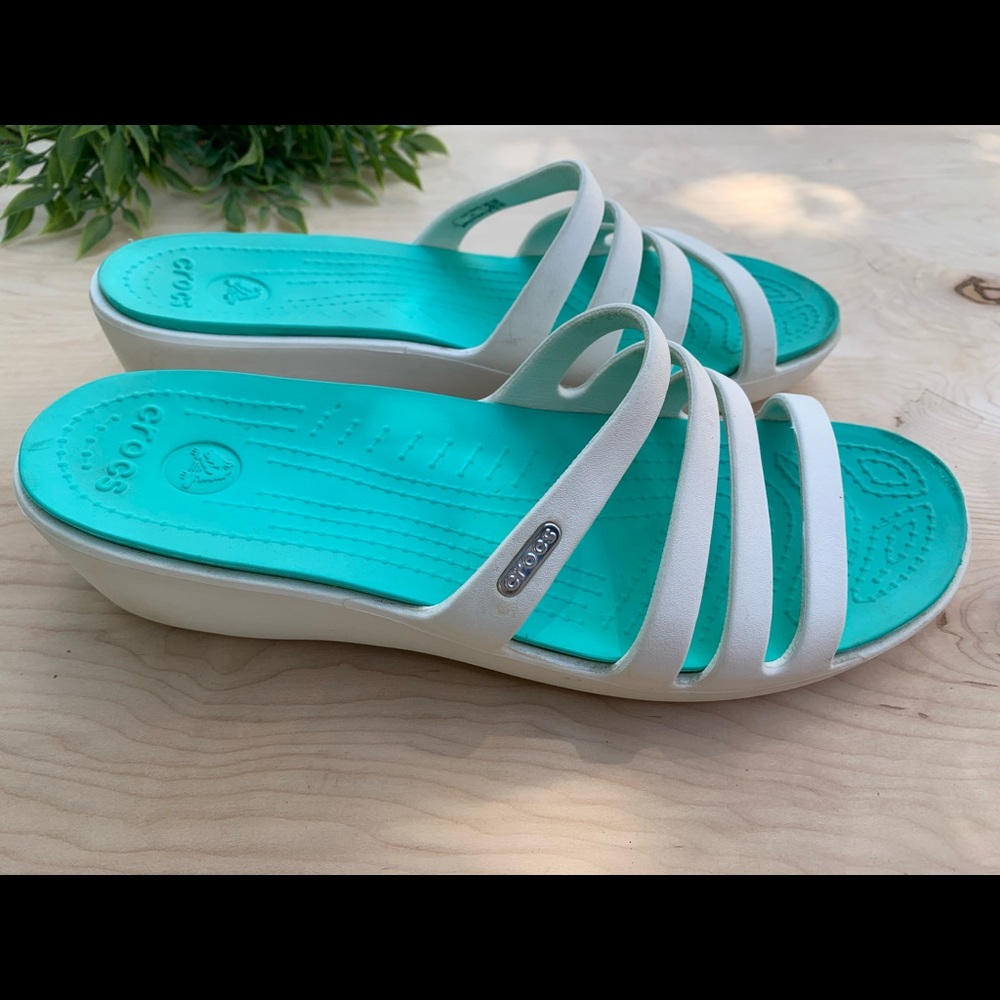 CROCS Women's White Slide Sandals with Turquoise Footbed